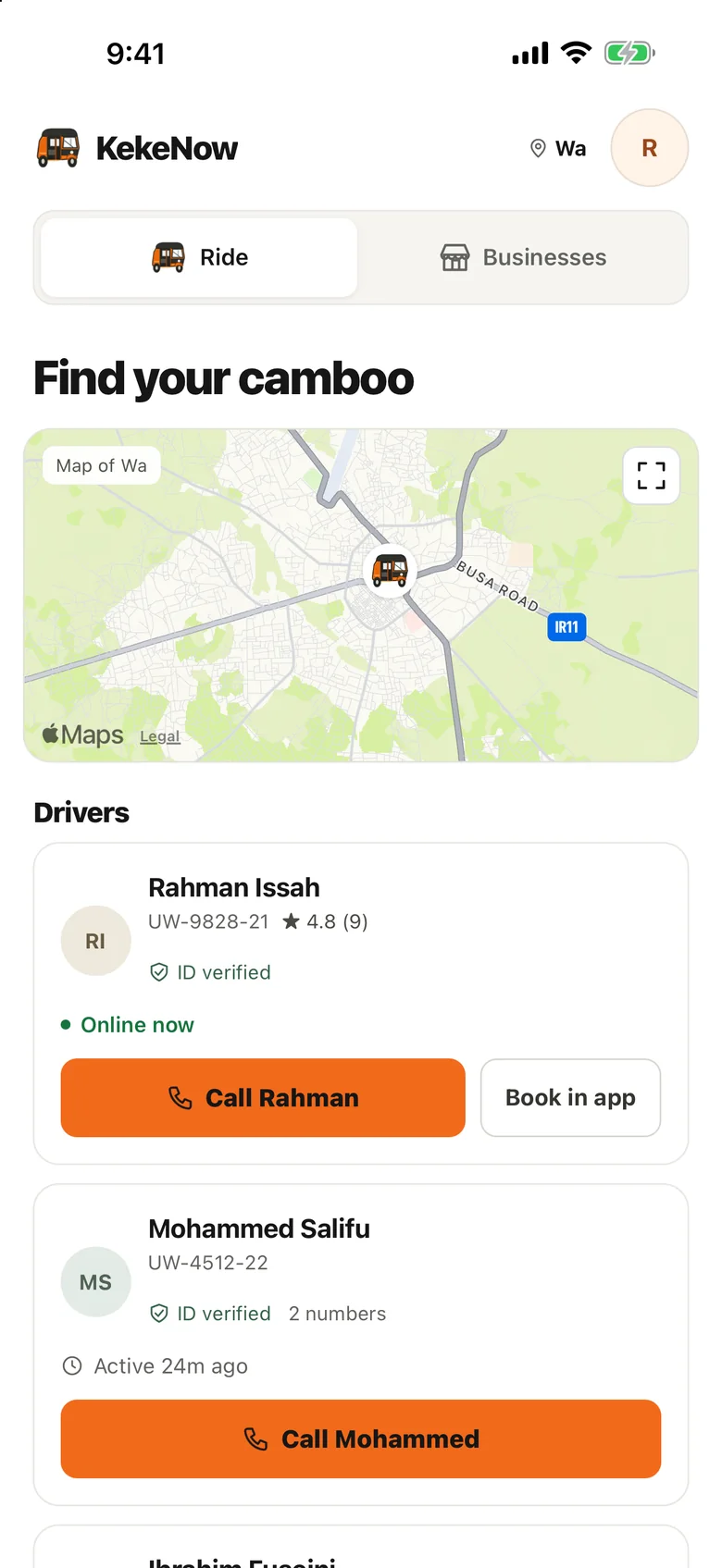 Ride listing in the app
