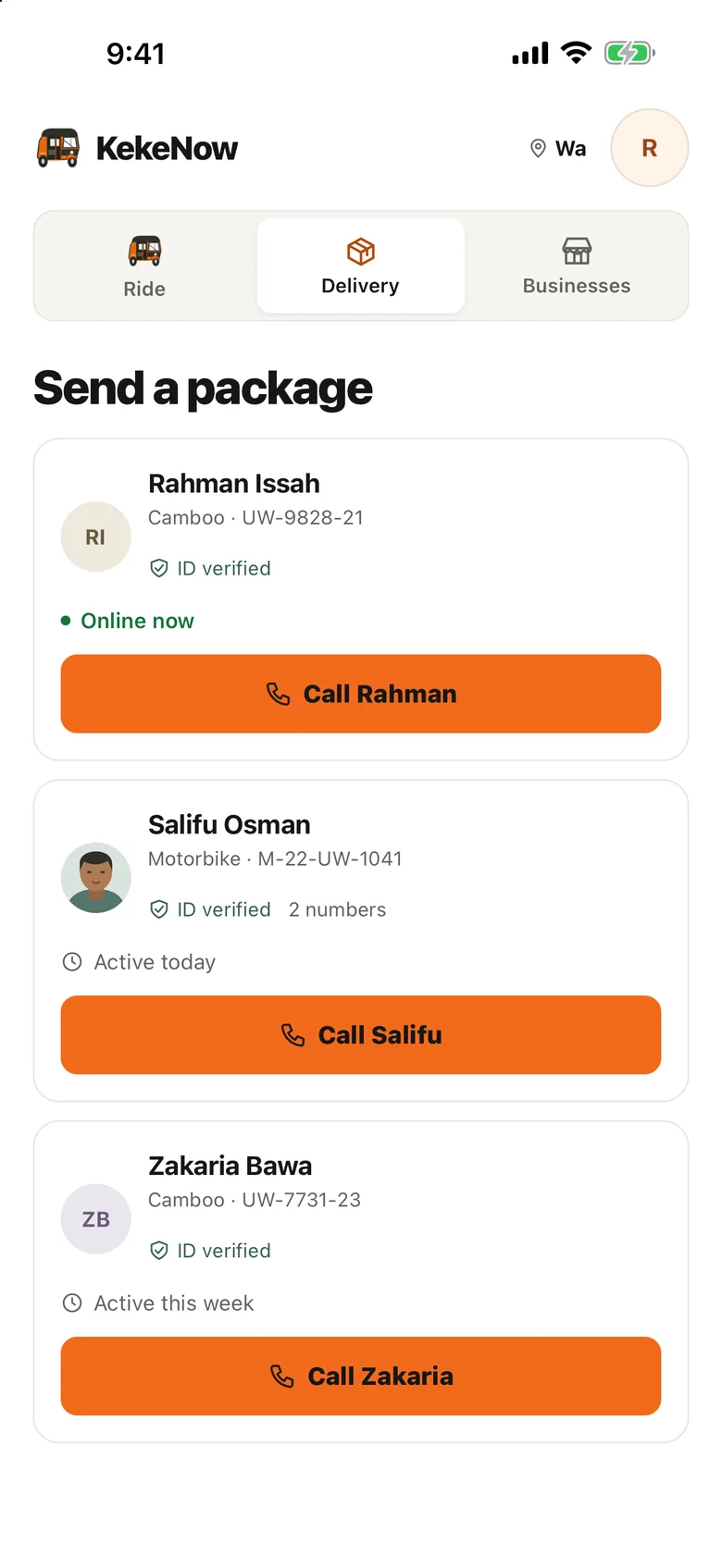Delivery calls preview in KekeNow